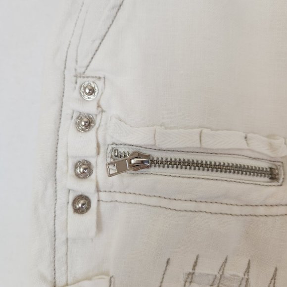 Monoreno Linen Distressed Button Accent Shorts Tie-Hem White Zip Pocket - Picture 4 of 11